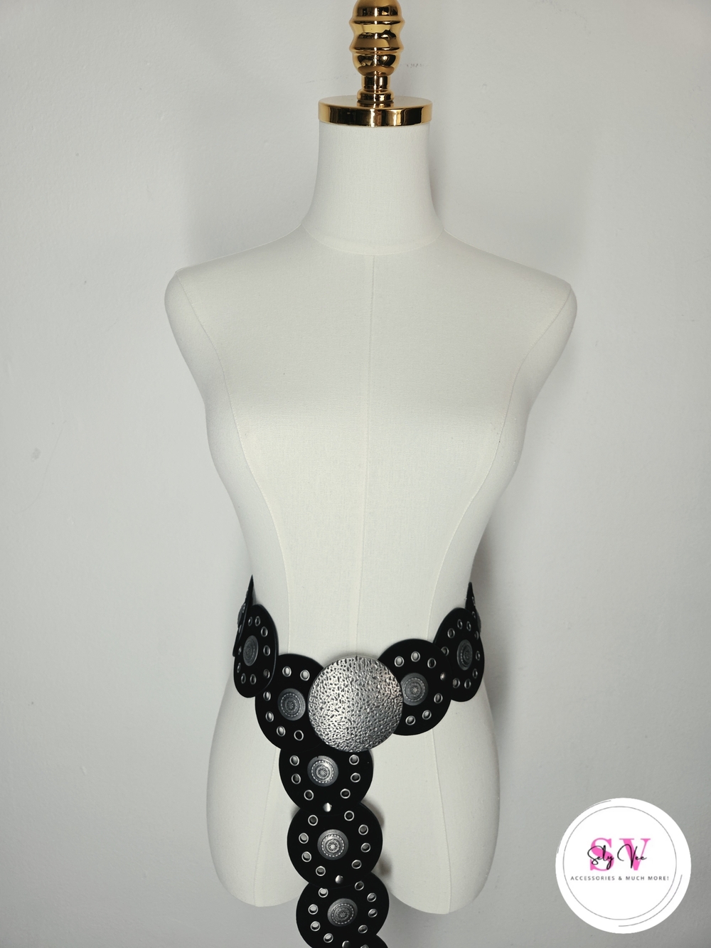 Black Decorative Circular Panel Belt with Silver Medallion